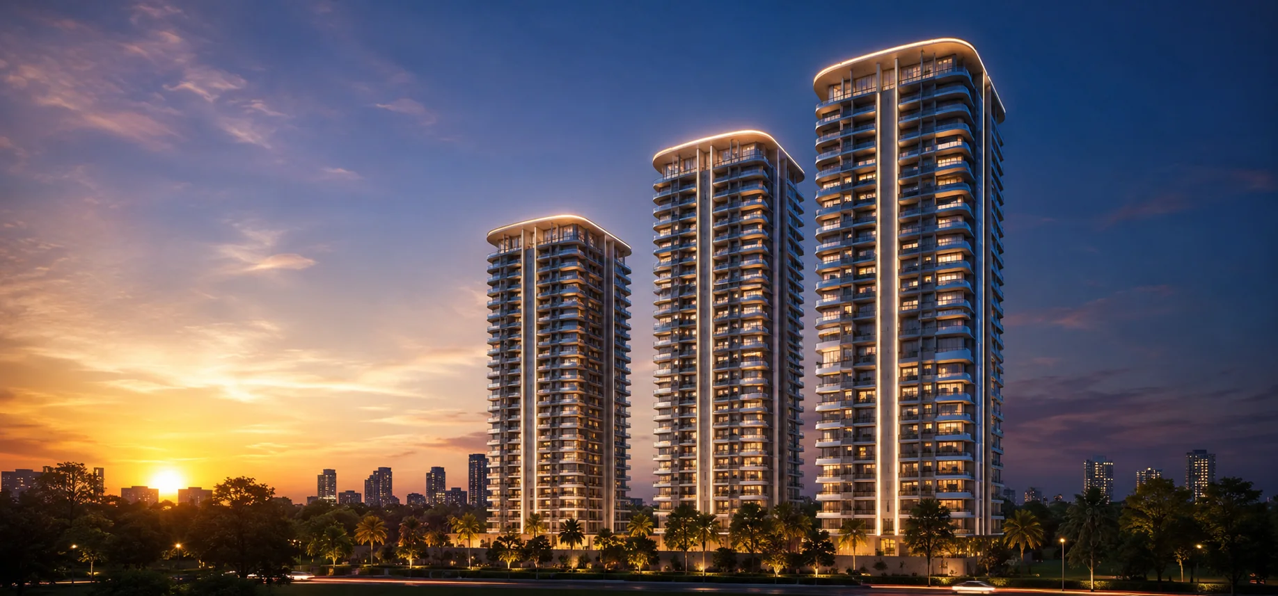 Smartworld Sector 67 iconic towers at dusk with landscaped forecourt